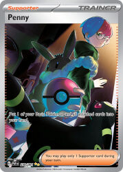 1girl artist_name aspara backpack bag black_hoodie blue_hair card_(medium) character_name closed_mouth company_name copyright_name copyright_notice eevee_backpack english_text eyelashes gen_2_pokemon glasses holding holding_poke_ball hood hood_down hoodie indoors multicolored_hair nintendo official_art penny_(pokemon) poke_ball poke_ball_(basic) pokemon pokemon_(creature) pokemon_card pokemon_sv pokemon_tcg red_eyes red_hair round_eyewear short_hair standing third-party_source trading_card two-tone_hair umbreon very_short_hair