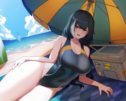 1girl bare_arms beach beach_mat beach_umbrella black_hair black_one-piece_swimsuit blue_sky breasts cero_(last2stage) cleavage cloud cloudy_sky commentary competition_swimsuit diving_board english_commentary girls&#039;_frontline heterochromia highleg highleg_one-piece_swimsuit highres horizon large_breasts long_hair looking_at_viewer multicolored_hair ocean one-piece_swimsuit open_mouth paid_reward_available red_eyes ro635_(girls&#039;_frontline) sky smile solo streaked_hair swimsuit thighs two-tone_umbrella umbrella white_hair yellow_eyes