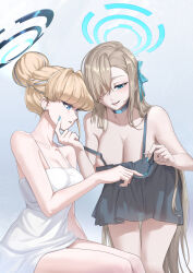 2girls alternate_costume asuna_(blue_archive) bare_shoulders black_choker black_dress blonde_hair blue_archive blue_eyes blue_halo bow breasts chemise choker cleavage collarbone commentary dress earrings hair_bow hair_bun hair_over_one_eye halo hand_on_another&#039;s_cheek hand_on_another&#039;s_face highres jewelry large_breasts lingerie long_hair medium_breasts mole mole_on_breast multiple_girls negligee nightgown s87074877 simple_background sleeveless stud_earrings toki_(blue_archive) underwear very_long_hair white_dress