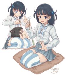 1boy 1girl basori_tiara black_eyes black_hair blue_bow blue_eyes blue_hair bow breast_pocket collared_shirt commentary_request dated ear_cleaning grey_skirt hair_between_eyes highres lap_pillow lap_pillow_invitation long_hair long_sleeves looking_at_viewer make_heroine_ga_oo_sugiru! mimikaki mole mole_on_thigh multiple_views nukumizu_kazuhiko one_eye_closed pillow pleated_skirt pocket school_uniform shirt signature simple_background skirt striped_clothes striped_thighhighs sweat sweatdrop thighhighs thighs toyosora tsuwabuki_high_school_uniform two_side_up vertical-striped_clothes vertical-striped_thighhighs white_background