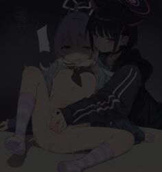 2girls absurdres ahoge anus black_choker black_hair black_jacket black_neckerchief blank_speech_bubble blue_archive blue_eyes blue_hair blush breasts breasts_out censored choker closed_mouth clothes_lift colored_inner_hair commentary dark facing_viewer fingering fingering_from_behind flat_chest furrowed_brow grey_shirt hair_ornament hairclip halo hands_on_ground highres hood hood_down hooded_jacket indoors jacket kazusa_(blue_archive) knee_up kneehighs leaning_back loli long_hair long_sleeves mosaic_censoring multicolored_hair multicolored_socks multiple_girls navel neckerchief nipples no_shoes nude open_mouth pink_eyes pink_hair pink_socks purple_hair pussy reisa_(blue_archive) shiratama_mochi shirt shirt_lift short_hair smile socks speech_bubble spread_legs spread_pussy spreading_another&#039;s_pussy star_halo straight_hair striped_clothes striped_socks sweat thought_bubble twitching two-tone_hair white_socks yuri