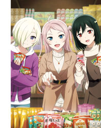 Rule 34 | 3girls, ahoge, artbook, blonde hair, blue eyes, food, green hair, hair over one eye, highres, hood, hoodie, jewelry, long hair, love live!, love live! nijigasaki high school idol club, mia taylor, mifune shioriko, mole, mole under eye, multiple girls, necklace, non-web source, official art, pink hair, purple eyes, purple hoodie, red eyes, ribbon, short hair, smile, snack, sweater, turtleneck, two side up, zhong lanzhu