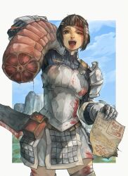 1girl armor bandaged_head bandages black_hair blood blood_on_clothes blood_on_face blood_splatter bloody_weapon carrying_over_shoulder grey_eyes highres injury malomalobear monster_hunter_(character) monster_hunter_(series) plate_armor severed_tail short_hair smile solo sword thighhighs weapon