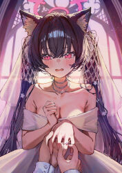 1boy 1girl alternate_costume animal_ear_fluff animal_ears averting_eyes bare_shoulders betabeet black_hair blue_archive blush breasts bridal_veil bride cat_ears cat_girl cleavage collarbone commentary dress embarrassed fingernails halo highres jewelry long_hair medium_breasts off-shoulder_dress off_shoulder open_mouth pink_eyes pink_halo pov ring serika_(blue_archive) slit_pupils sparkle twintails veil wedding_ring white_dress