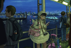 3boys 3girls against_railing anbiyori bag black_hair boat braid camera cellphone center_frills cityscape dress earphones frilled_dress frilled_hairband frills glasses hairband highres holding holding_phone juliet_sleeves lace lace-trimmed_dress lace_trim layered_sleeves lolita_fashion lolita_hairband long_hair long_sleeves multiple_boys multiple_girls night night_sky ocean on_boat original phone puffy_sleeves railing semi-rimless_eyewear short_over_long_sleeves short_sleeves shoulder_bag sky smartphone twin_braids water watercraft white_dress white_hairband