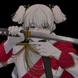 1girl aiguillette black_background commentary covered_mouth crossed_bangs daiba_nana epaulettes fur-trimmed_jacket fur_trim green_eyes green_ribbon hair_between_eyes hair_ribbon half-closed_eyes hands_up highres holding holding_sheath holding_sword holding_weapon jacket jacket_on_shoulders kaga_(kaga_878787) katana long_sleeves looking_at_viewer monochrome red_jacket red_sash ribbon sash sheath short_hair short_twintails shoujo_kageki_revue_starlight shoulder_sash simple_background solo spot_color sword twintails twitter_username unsheathed upper_body watermark weapon
