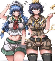 2girls absurdres anchor_symbol belt belt_buckle black_belt black_hair black_thighhighs blue_eyes blue_hair blush_stickers brown_shirt brown_shorts buckle collared_shirt cosplay costume_switch earrings eye20806972 facial_mark grey_eyes hair_bobbles hair_ornament hat highres holding holding_ladle holding_scepter hoop_earrings impossible_clothes jewelry key_earrings ladle long_hair michigami_nareko midriff multiple_girls murasa_minamitsu neckerchief one_eye_closed red_neckerchief scepter shirt short_hair short_sleeves shorts symbol-shaped_pupils thighhighs touhou triangle triangle_facial_mark usekh_collar white_background white_hat white_shirt white_shorts