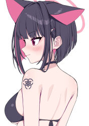 Rule 34 | 1girl, animal ears, bare back, bare shoulders, bikini, black bikini, black hair, blue archive, blush, cat ears, cat girl, closed mouth, colored inner animal ears, colored inner hair, extra ears, from side, halo, highres, kazusa (blue archive), metaljelly, multicolored hair, pink hair, pink halo, red eyes, short hair, shoulder tattoo, smile, solo, swimsuit, tattoo, trinity general school logo, two-tone hair, upper body