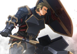 1boy another_eidos-r arm_belt armor belt blue_eyes chest_armor chest_harness facial_hair fighting_stance gauntlets gloves green_hair gymnos_(another_eidos) harness leg_armor leg_belt looking_to_the_side mace male_focus pants shield shoulder_armor sideburns solo stubble thick_eyebrows warrior weapon yanai_inaya