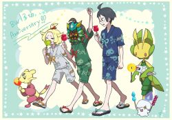 &gt;_&lt; 1boy 2girls ahoge alternate_costume anniversary arm_up bianca_(pokemon) black_hair blonde_hair blue_shirt blue_shorts candy_apple cheren_(pokemon) closed_eyes commentary_request creatures_(company) food game_freak gen_5_pokemon green_shirt green_shorts grey_shirt grey_shorts hilda_(pokemon) holding kanade_(unchi_knd280) knees leavanny litwick mask mask_on_head mienfoo multiple_girls nintendo pokemon pokemon_(creature) pokemon_bw sandals shirt short_hair short_sleeves shorts standing star_(symbol) toes topknot tynamo walking