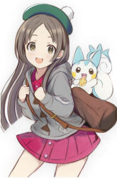 1girl :d bag blush brown_eyes brown_hair cardigan collared_dress commentary_request cosplay crossover dress forehead gakuen_idolmaster gen_4_pokemon gloria_(pokemon) gloria_(pokemon)_(cosplay) green_hat grey_cardigan hat hood hood_down hooded_cardigan idolmaster kuramoto_china long_hair nannacy7 nintendo open_mouth pachirisu parted_bangs pink_dress pokemon pokemon_(creature) pokemon_swsh simple_background smile tam_o&#039;_shanter teeth upper_teeth_only very_long_hair white_background
