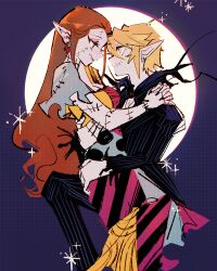 Rule 34 | 1boy, 1girl, arms around neck, black nails, black suit, blonde hair, breasts, brown hair, cleavage, closed mouth, commentary, cosplay, couple, dress, earrings, english commentary, feet out of frame, formal clothes, full body, hair between eyes, hetero, jack skellington, jack skellington (cosplay), jewelry, link, long dress, long hair, looking at another, manodemarina, medium breasts, nail polish, nintendo, pants, patchwork clothes, patchwork skin, pinstripe jacket, pinstripe pants, pinstripe pattern, pinstripe suit, pointy ears, princess zelda, sally (nbc), sally (nbc) (cosplay), scar, scar on face, short hair, short sleeves, smile, sparkle, suit, the legend of zelda, the legend of zelda: twilight princess, the nightmare before christmas, torn clothes, torn sleeves