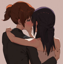 2girls bare_arms black_jacket blush brown_background brown_eyes brown_hair closed_mouth commentary_request dress film_grain from_behind half_updo hand_on_another&#039;s_face hand_on_another&#039;s_shoulder hibike!_euphonium highres jacket kousaka_reina lie_lack1080 long_hair multiple_girls oumae_kumiko ponytail purple_hair simple_background strapless strapless_dress sweatdrop white_dress yuri