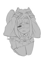 Rule 34 | bl/ess, blunt bangs, chuunibyou, chuunibyou demo koi ga shitai!, commentary, english commentary, eyepatch, hair ornament, hand on own head, high side ponytail, hololive, hololive english, looking at viewer, medical eyepatch, monochrome, neck ribbon, ninomae ina&#039;nis, ninomae ina&#039;nis (school uniform), official alternate costume, one side up, open mouth, pleated skirt, ribbon, school uniform, short hair, sidelocks, simple background, skirt, squatting, tentacle hair, tentacles, virtual youtuber
