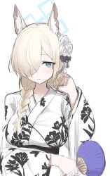 animal_ears blonde_hair blue_archive blue_halo dog_ears dog_girl fami_miminmin floral_print hair_ornament hair_over_one_eye halo hand_fan hand_in_own_hair highres holding holding_fan japanese_clothes kanna_(blue_archive) kanzashi kimono paper_fan simple_background uchiwa yukata