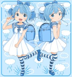 1girl :o absurdres ahoge artist_name backpack bag blue_background blue_bag blue_border blue_eyes blue_footwear blue_hair blue_headwear blue_ribbon blue_theme blue_thighhighs border bow checkered_clothes child cloud cloud_hair_ornament collar collared_dress commentary dot_nose dress dress_ribbon fang flat_chest floating_clothes floating_hair frilled_collar frills from_side hair_bow highres holding_strap light_blue_hair light_blush long_hair looking_at_viewer looking_back mary_janes multiple_views nagomurasan open_mouth original rain randoseru ribbon shoes short_sleeves short_twintails shoulder_strap sidelocks smile splashing standing standing_on_one_leg striped_clothes striped_thighhighs symbol-only_commentary thighhighs twintails victory_pose water_drop_hair_ornament white_dress white_thighhighs zettai_ryouiki