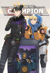 2girls absurdres animification apex_legends belt black_bodysuit black_hair black_scarf blonde_hair blue_bodysuit blue_eyes bodysuit breasts brown_belt death_box_(apex_legends) face_piercing facial_scar hair_behind_ear hair_bun hand_on_own_cheek hand_on_own_face highres hood hood_down hood_up hooded_bodysuit hooded_jacket jacket lightning_bolt_symbol looking_at_another looking_to_the_side medium_breasts multiple_girls nose_piercing orange_jacket pathfinder_(apex_legends) piercing ribbed_bodysuit scar scar_on_cheek scar_on_face scarf single_hair_bun smile tuxiaoning_not wattson_(apex_legends) white_bodysuit wraith_(apex_legends)