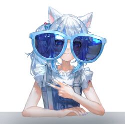 1girl animal_ears blue_eyes blue_nails blue_overalls blue_ribbon blush cat_ears cat_girl gawr_gura gawr_gura_(casual) hair_ribbon hololive hololive_english looking_at_viewer meme multicolored_hair overalls quasarcake ribbon shirt short_sleeves side_ponytail smile solo sunglasses two-tone_hair virtual_youtuber w white_hair white_shirt