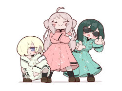3girls =_= ahoge armband asymmetrical_bangs banchou black_socks blonde_hair blush bob_cut brown_shoes buttons chibi chibi_only claw_pose closed_eyes coat coat_dress crossed_arms delinquent dress fang full_body gakuran gold_buttons green_coat green_dress green_hair hair_over_one_eye loafers long_coat long_dress long_hair love_live! love_live!_nijigasaki_high_school_idol_club medium_hair mia_taylor mifune_shioriko multiple_girls official_alternate_costume ouendan pink_coat pink_dress pink_hair purple_eyes ryouran!_victory_road_(love_live!) school_uniform shiokara_(ganba_rubys) shoes short_hair sidelocks skin_fang socks squatting sunglasses two_side_up white_armband white_coat white_dress zhong_lanzhu