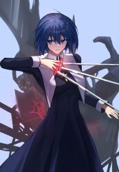 1girl 4shiyuu between_fingers black_dress blue_background blue_eyes blue_hair breasts ciel_(tsukihime) closed_mouth cross cross_necklace dress dual_wielding hair_between_eyes highres holding holding_sword holding_weapon jewelry long_dress long_sleeves looking_at_viewer medium_breasts necklace nun short_hair simple_background smile solo standing sword traditional_nun tsukihime weapon