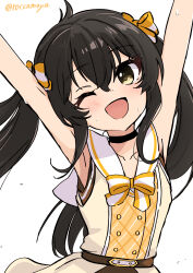 Rule 34 | 1girl, ;d, absurdres, armpits, black hair, bow, collarbone, commentary request, hair bow, highres, idol, idolmaster, idolmaster cinderella girls, idolmaster cinderella girls u149, long hair, matoba risa, one eye closed, open mouth, roccamoya, smile, solo, striped bow, sweat, twintails, twitter username, yellow eyes