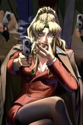 Rule 34 | 1girl, 2boys, balalaika (black lagoon), black lagoon, black pantyhose, blonde hair, blue eyes, breasts, crossed legs, formal clothes, gun, holding, holding gun, holding weapon, kadoi 5200, large breasts, mature female, multiple boys, pantyhose, red suit, scar, scar on face, sitting, smoke, smoke trail, suit, tobacco, weapon