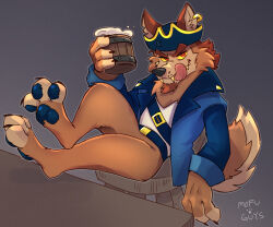 1boy animal_ears artist_name barefoot blue_coat claws closed_mouth coat colored_sclera commentary coyote_boy cup earrings english_commentary fangs fangs_out feet_up furry furry_male grey_background hat highres holding holding_cup indigo_park jewelry looking_at_viewer male_focus mofu_gays no_pants notched_ear pawpads pirate_hat red_eyes shirt single_earring skurv_the_coyote smile tail tongue tongue_out white_shirt wolf_ears wolf_tail wooden_cup yellow_sclera