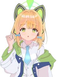1girl absurdres animal_ear_headphones animal_ears aqua_bow aqua_necktie arm_at_side blonde_hair blue_archive blunt_bangs blunt_ends bow breasts buttons cat_ear_headphones cat_ears collared_shirt commentary_request dot_nose f_luorit_e fake_animal_ears green_eyes green_halo green_jacket hair_bow hair_intakes halo hand_up headphones highres hood hood_down hooded_jacket jacket layered_sleeves light_blush long_sleeves looking_at_viewer low-tied_sidelocks medium_hair midori_(blue_archive) multicolored_jacket necktie open_clothes open_jacket parted_lips pinching_gesture school_uniform shirt sidelocks simple_background single_off_shoulder small_breasts solo straight-on tareme upper_body white_background white_jacket white_shirt wide_sleeves