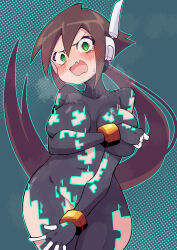 1girl absurdres aile_(mega_man_zx) black_bodysuit blush bodysuit brown_hair buzzlyears covering_breasts covering_privates cowboy_shot fang glitch green_background highres long_hair mega_man_(series) mega_man_zx mega_man_zx_advent open_mouth ponytail robot_ears simple_background skin_fang solo surprised