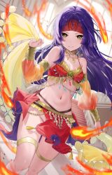 absurdres dancer dancing fire fire_emblem fire_emblem:_path_of_radiance fire_emblem:_radiant_dawn gem haru_(nakajou-28) headband highres looking_at_viewer navel nintendo non-web_source purple_hair sanaki_kirsch_altina smile yellow_eyes