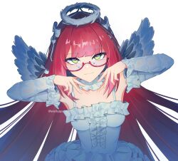 Rule 34 | 1girl, detached sleeves, dress, fake wings, glasses, green eyes, halo, highres, long hair, looking at viewer, official alternate costume, red hair, sleeveless, sleeveless dress, smile, solo, ukinami yuzuha, upper body, weriuqa, white dress, white halo, white wings, wings, zenless zone zero