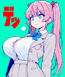 1girl arms_at_sides blue_bow blue_eyes blush bow breast_pocket breasts bungeiman_masa buttons closed_mouth collared_shirt green_background grey_jacket grey_skirt highres jacket lapels large_breasts long_hair notched_lapels original pink_hair pleated_skirt pocket school_uniform shirt simple_background skirt solo sweat twintails upper_body white_shirt
