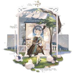 animal_ears antlers arknights character_name chuzenji clothesline deer_ears deer_girl dress flower_pot german_text holding holding_flower_pot horns official_art transparent_background viviana_(arknights) viviana_(sent_from:_ognisko)_(arknights) white_hair windmill