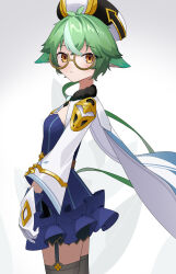 1girl absurdres animal_ears blue_dress breasts cowboy_shot dress ehen_yyy from_side garter_straps genshin_impact glasses gloves green_hair hat highres long_sleeves looking_at_viewer looking_to_the_side semi-rimless_eyewear short_dress small_breasts solo standing sucrose_(genshin_impact) thighhighs under-rim_eyewear yellow_eyes