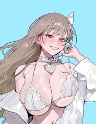 1girl bare_shoulders bikini blue_background blush breasts brown_hair cleavage collar goddess_of_victory:_nikke grin highres large_breasts long_hair looking_at_viewer navel off_shoulder open_clothes open_shirt red_eyes shirt simple_background smile sohn_woohyoung solo swimsuit viper_(nikke) viper_(shine_of_love)_(nikke) wet white_bikini white_nails white_shirt