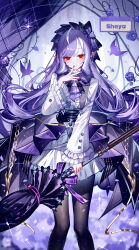 1girl absurdres ahoge artist_name black_pantyhose chinese_commentary closed_mouth commentary_request floating_hair highres holding holding_umbrella long_hair long_sleeves looking_at_viewer mole mole_under_eye multicolored_hair pantyhose pointy_ears purple_hair red_eyes second-party_source sheya signature skirt smile solo standing streaked_hair umbrella vivian_banshee white_hair white_skirt zenless_zone_zero