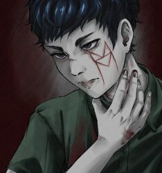 1boy black_eyes black_hair blood blood_on_hands blood_on_neck closed_mouth commentary english_commentary facial_mark fear_&amp;_hunger_(series) fear_&amp;_hunger_2:_termina green_jumpsuit hand_on_own_neck highres jumpsuit kaakaokorppi levi_(fear_&amp;_hunger) lips male_focus red_background short_hair solo