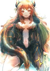 1girl breasts breasts_apart brown_scales brown_tail collar collarbone commentary_request dola_(1st_costume)_(nijisanji) dola_(nijisanji) dragon_girl dragon_horns dragon_tail ekakinosemito full_body highres holding_own_tail horns kneeling large_breasts light_particles linea_alba long_hair looking_at_viewer navel nijisanji open_mouth orange_hair orange_horns red_eyes scales sidelocks smile solo straight-on tail very_long_hair virtual_youtuber white_background