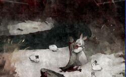 1girl animal animal_ears blood braid commentary_request dead_animal dress fish highres holding holding_animal holding_fish long_hair long_sleeves original outdoors partial_commentary rabbit rabbit_ears rabbit_girl shirokujira snow white_dress white_hair winter