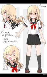 Rule 34 | 1girl, :o, black sailor collar, black skirt, black socks, blonde hair, blush, bow, brown shoes, character name, character profile, closed eyes, ear piercing, hair between eyes, hair ribbon, height, highres, kai3700, kneehighs, open mouth, orange eyes, original, otowa-san (sensei to mondaiji? no yuri), otowa-san (young) (sensei to mondaiji? no yuri), piercing, pleated skirt, red bow, red ribbon, reference sheet, ribbon, sailor collar, sensei to mondaiji? no yuri, shirt, shoes, simple background, skirt, socks, solo, translation request, twitter username, white shirt