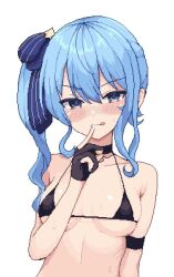 Rule 34 | 1girl, :p, alternate breast size, armband, armpit crease, bare shoulders, bikini, black armband, black bikini, black choker, blue eyes, blue hair, blue nails, blush, bow, breasts, choker, collarbone, cowboy shot, curly hair, embarrassed, finger to mouth, gloves, hair between eyes, hair bow, hair ornament, hololive, hoshimachi suisei, looking at viewer, medium breasts, medium hair, micro bikini, partially fingerless gloves, pixel art, shiny skin, solo, star (symbol), star choker, star hair ornament, stomach, string bikini, sweat, sweatdrop, swimsuit, tongue, tongue out, underboob, v-shaped eyebrows, virtual youtuber, white background, zou eita