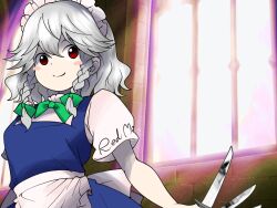 Rule 34 | 1girl, apron, between fingers, braid, edwardmidori, embodiment of scarlet devil, highres, holding, holding knife, izayoi sakuya, knife, knives between fingers, maid, maid headdress, scarlet devil mansion, touhou, twin braids, waist apron
