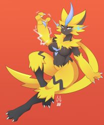 1girl animal_ears animal_hands blue_eyes body_fur breasts claws drakeraynier electricity furry gen_7_pokemon highres legendary_pokemon mythical_pokemon nintendo pokemon slit_pupils whiskers yellow_fur zeraora