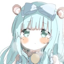 animal_ears blue_bow blue_eyes blue_hair blunt_bangs blush bow dress fuio hair_bow kirara_fantasia long_hair looking_at_viewer looking_up open_mouth portrait raccoon_ears raccoon_girl salt_(kirara_fantasia) shade simple_background solo upper_body wavy_hair white_background white_dress