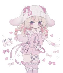 Rule 34 | 1girl, animal ears, beanie, belt, blunt bangs, bow, closed mouth, colored inner hair, cowboy shot, drill hair, fake animal ears, floppy ears, frills, furrowed brow, hair down, hands on own chin, hat, hat bow, heart, highres, jacket, kuma kubo3, leg tattoo, long hair, looking at viewer, loose belt, makaino ririmu, multicolored hair, name tag, nijisanji, official alternate costume, official alternate hairstyle, pants, pink belt, pink hair, pink jacket, pink ribbon, pink shorts, pink thighhighs, pink wings, pointy ears, rabbit ears, red eyes, ribbon, short shorts, shorts, sidelocks, simple background, smile, standing, streaked hair, stuffed animal, stuffed toy, tattoo, thighhighs, track jacket, track pants, virtual youtuber, white background, white belt, winged heart tattoo, wings