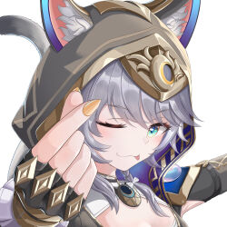 Rule 34 | 1girl, absurdres, animal ears, aqua eyes, black gloves, blush, braid, cat ears, cat girl, cat tail, cipher (honkai: star rail), closed mouth, finger heart, fingerless gloves, gloves, highres, honkai: star rail, honkai (series), hood, hood up, long sleeves, looking at viewer, one eye closed, side braid, simple background, smile, solo, tail, white background, yellow nails, yichen