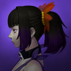 1girl black_choker black_hair braid choker commission flower from_side gradient_hair hair_flower hair_intakes hair_ornament highres l_aciel mole mole_under_eye multicolored_hair portrait profile purple_background purple_eyes purple_hair revealing_clothes sideless_outfit simple_background solo symonne_(tales) tales_of_(series) tales_of_zestiria twintails