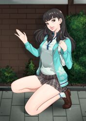 1girl aqua_jacket bag black_eyes black_hair brown_shoes commentary eightyfourart english_commentary grey_skirt grin highres isonokami_tao jacket lips long_hair long_sleeves looking_at_viewer open_clothes open_jacket pink_lips plaid_clothes plaid_skirt pleated_skirt school_bag shin_megami_tensei shin_megami_tensei_v shirt shoes signature skirt smile solo white_bag white_shirt