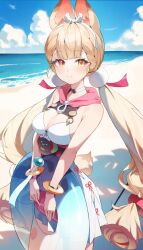 1girl alice_thymefield alice_thymefield_(sea_of_thyme) animal_ears bare_shoulders beach blue_sky blush breasts cleavage day dress_swimsuit hairband heterochromia highres innertube long_hair looking_at_viewer low_twintails lumo_1121 medium_breasts ocean one-piece_swimsuit orange_eyes outdoors pink_one-piece_swimsuit rabbit_ears rabbit_girl rabbit_tail shore sky smile solo sphere_hair_ornament swim_ring swimsuit tail twintails two-tone_one-piece_swimsuit white_one-piece_swimsuit yellow_eyes zenless_zone_zero