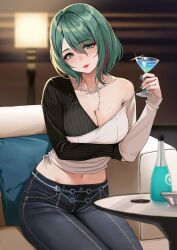 Rule 34 | arm under breasts, black shirt, blush, breasts, cleavage, cocktail glass, commentary request, cup, dead or alive, dead or alive xtreme, dead or alive xtreme venus vacation, denim, drinking glass, green eyes, green hair, green nails, highres, holding, holding cup, jeans, jewelry, large breasts, looking at viewer, midriff, mole, mole under eye, navel, necklace, official art, pants, pink hair, shirt, short hair, sitting, smile, tamaki (doa), third-party source, udon (udonalium), venus vacation prism: dead or alive xtreme, white shirt